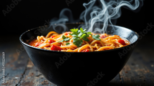 A bowl of steaming buldak ramen on a dark table with rising steam. photo