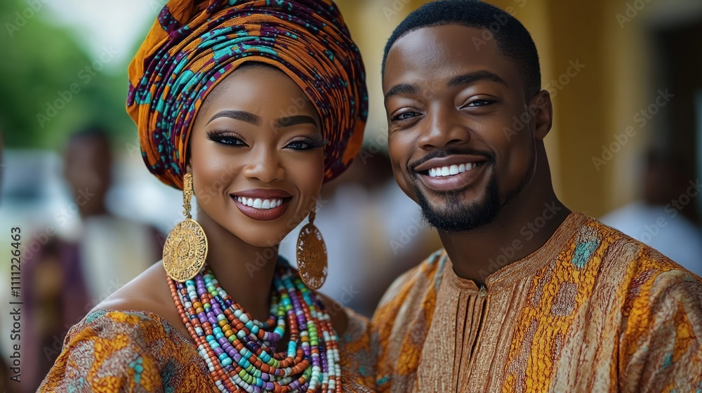 Happy African American couple smiles at camera. Woman wears traditional dress with colorful beads, headwrap. Man wears traditional clothing. Beautiful people look happy, enjoy company. Couple likely Happy African American couple smiles at camera. Woman wears traditional dress with colorful beads, headwrap. Man wears traditional clothing. Beautiful people look happy, enjoy company. Couple likely