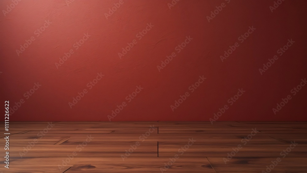Polished Wooden Floor with Red Wall Background, Smooth Texture, Brown Tones Polished Wooden Floor with Red Wall Background, Smooth Texture, Brown Tones