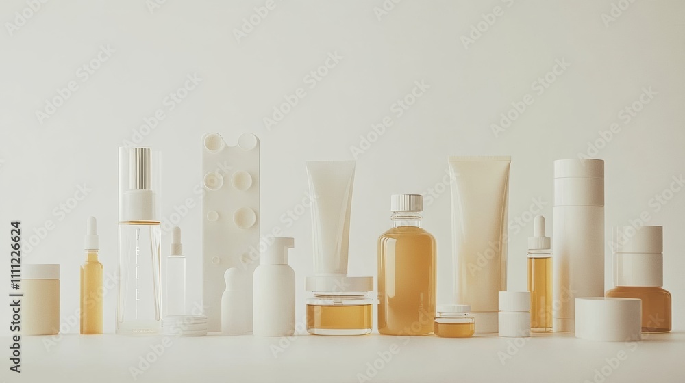 A range of skin care containers—jars, tubes, oils, and serums—shown neatly on a white background with space for text. Generative AI A range of skin care containers—jars, tubes, oils, and serums—shown neatly on a white background with space for text. Generative AI