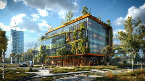 Modern eco-friendly office building with greenery and sustainable design.