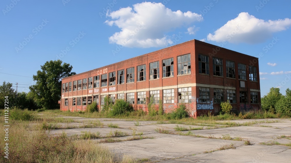 Derelict brick factory building with broken windows and overgrown weeds, under a partly cloudy sky. Derelict brick factory building with broken windows and overgrown weeds, under a partly cloudy sky.