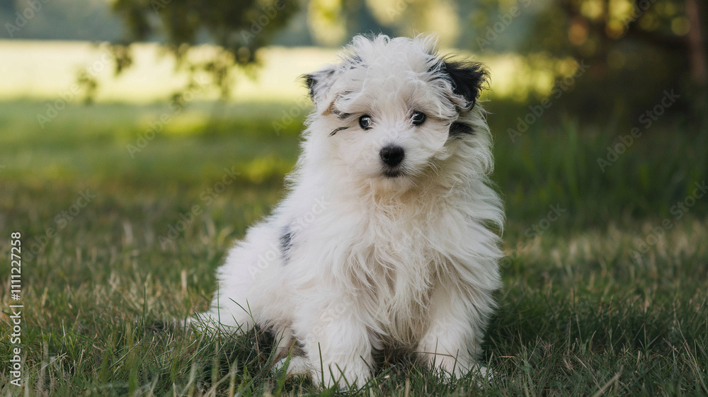 Cute Fluffy White Puppy Sitting in Green Grass Cute Fluffy White Puppy Sitting in Green Grass
