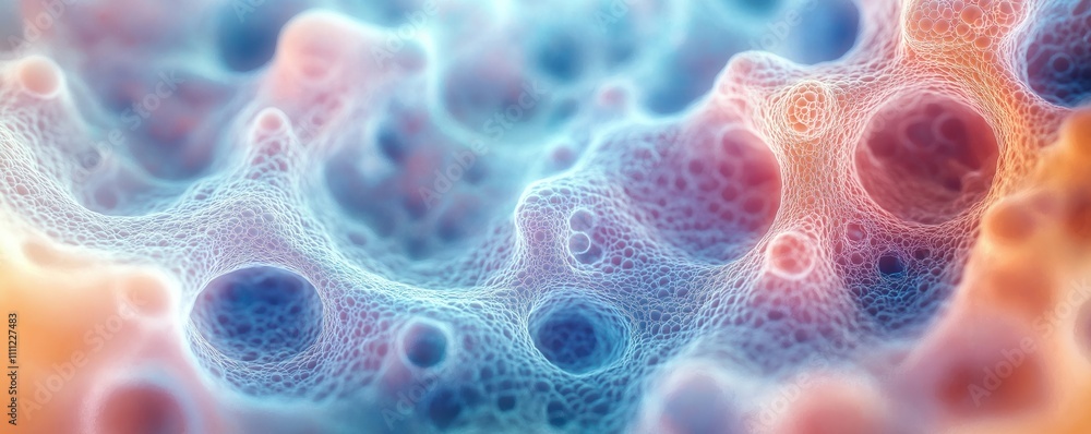 Microscopic vesicles appear magnified. Thin lipid bilayer structure. Mini cellular membrane. Complex interconnected network of bubbles. Colorful abstract design. Scientific research. Biological Microscopic vesicles appear magnified. Thin lipid bilayer structure. Mini cellular membrane. Complex interconnected network of bubbles. Colorful abstract design. Scientific research. Biological