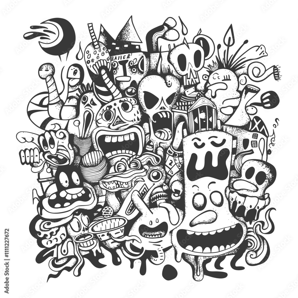Fototapeta premium A Cluster Of Grotesque Cartoon Faces And Figures