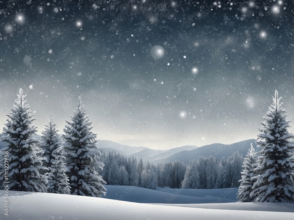 Snowy winter landscape with evergreen trees and distant mountains at twilight Snowy winter landscape with evergreen trees and distant mountains at twilight