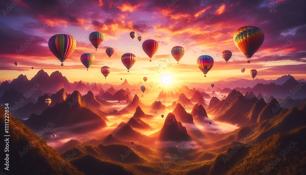 Naklejka premium colorful hot air balloons rising above breathtaking mountain landscape at sunrise, filled with joy and wonder