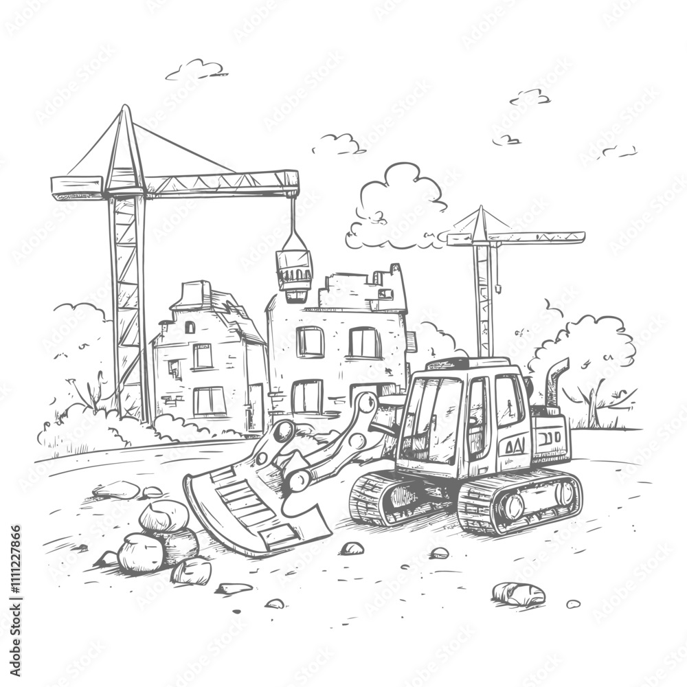 Fototapeta premium Construction Site With Excavator Crane And Building Under Demolition