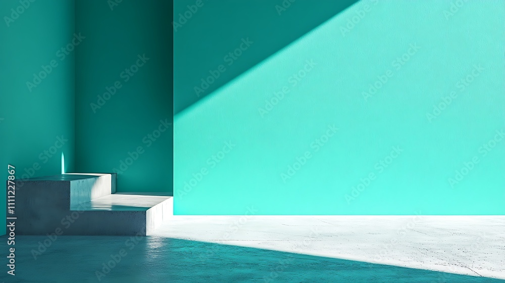A minimalist interior with turquoise walls and concrete steps, emphasizing light and space. A minimalist interior with turquoise walls and concrete steps, emphasizing light and space.
