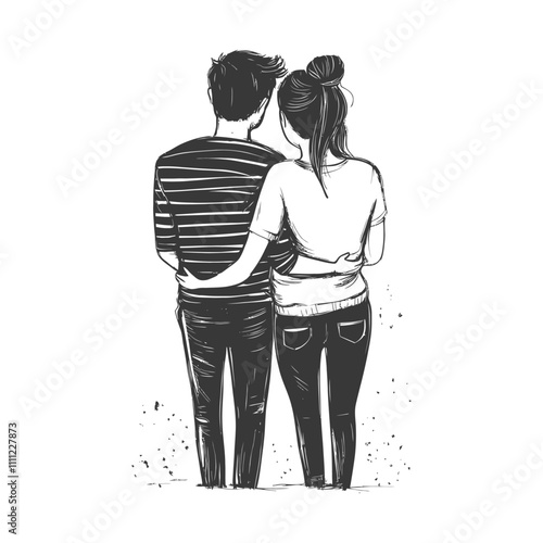 Couple Embracing Back View Casual Attire Sketch Style