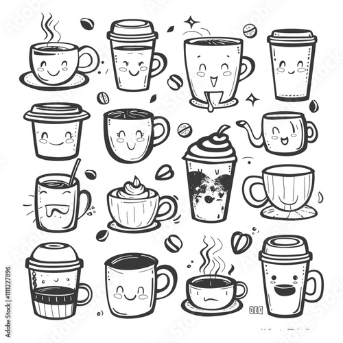 Cute Coffee And Tea Cups With Happy Faces And Beans