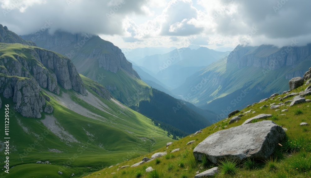 Fototapeta premium Mountain landscape shows valley with green grass, rocks. Cloudy sky creates soft lighting. View of high mountains, valleys. Natural background ideal for wallpaper banner. Scenic summer vista perfect