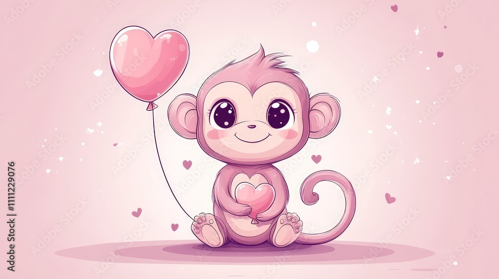 Cute pink monkey holding heart balloon. Cute pink monkey holding heart balloon.