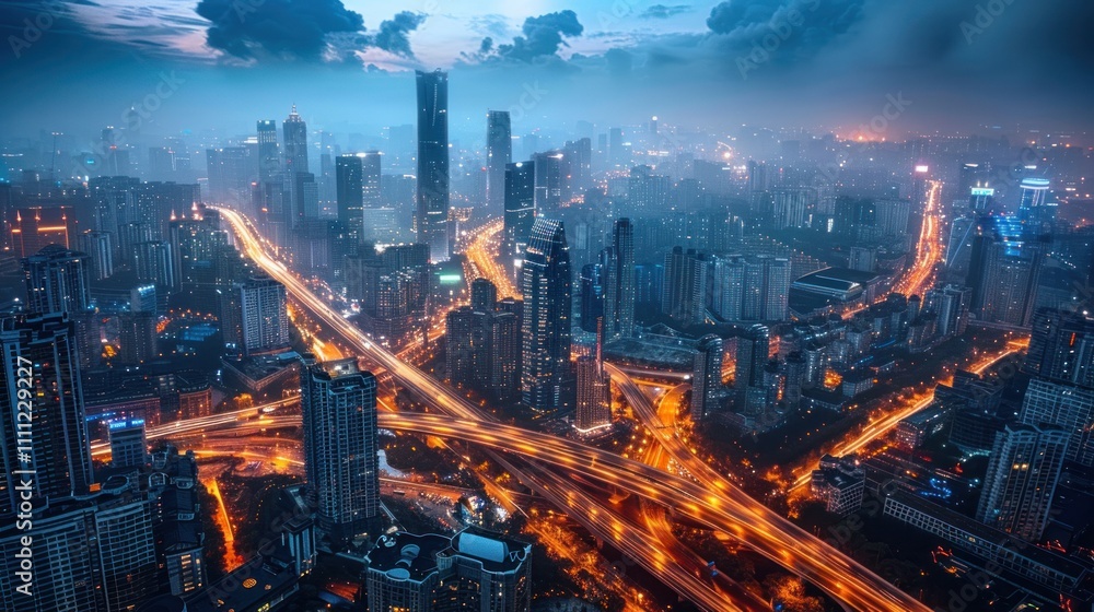 Fototapeta premium Aerial view of a bustling cityscape illuminated at dusk, showcasing urban life and infrastructure.