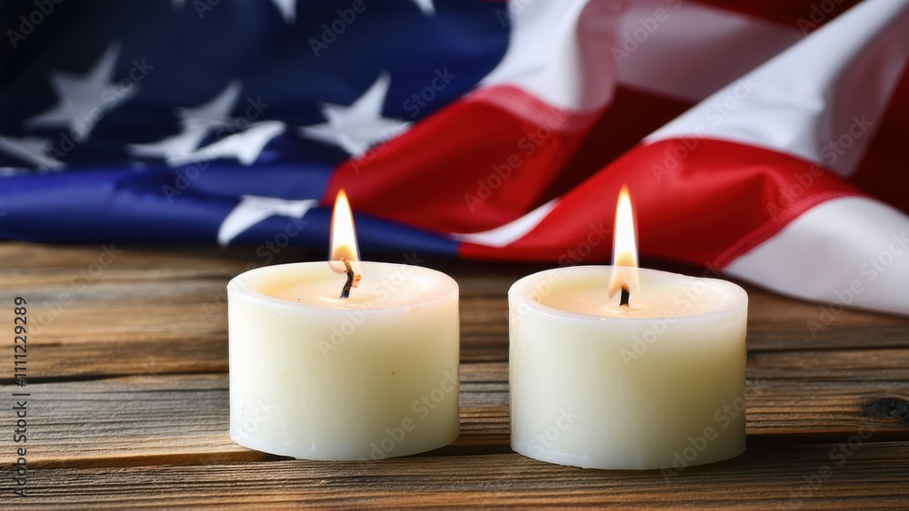 Candles are lit on a wooden table with an american flag Candles are lit on a wooden table with an american flag