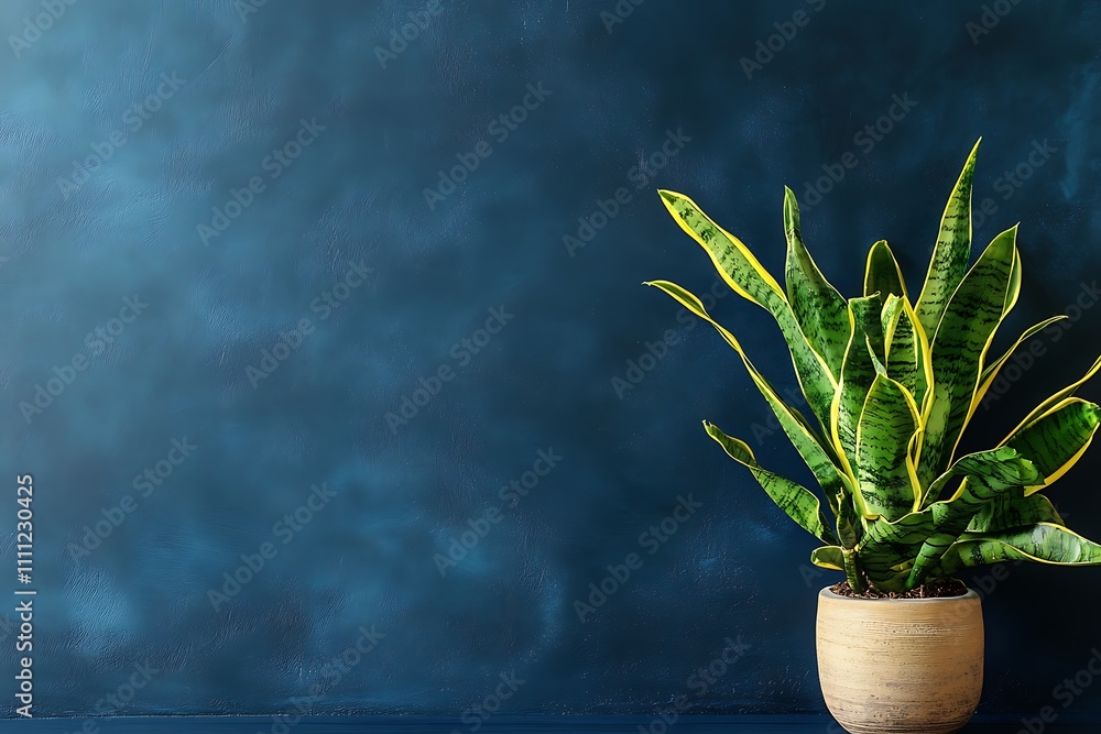 A potted plant against a textured blue wall, creating a serene and modern atmosphere. A potted plant against a textured blue wall, creating a serene and modern atmosphere.