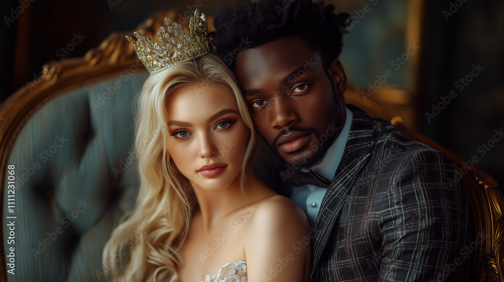 Interracial couple in formal attire, posing in a luxurious setting. Interracial couple in formal attire, posing in a luxurious setting.