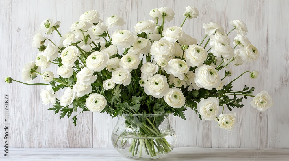 Bouquet of white ranunculus in a clear ceramic vase filled with water on a white wooden background Bouquet of white ranunculus in a clear ceramic vase filled with water on a white wooden background