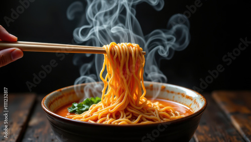 Hand pulling noodles from a bowl filled with Buldak Ramen. photo