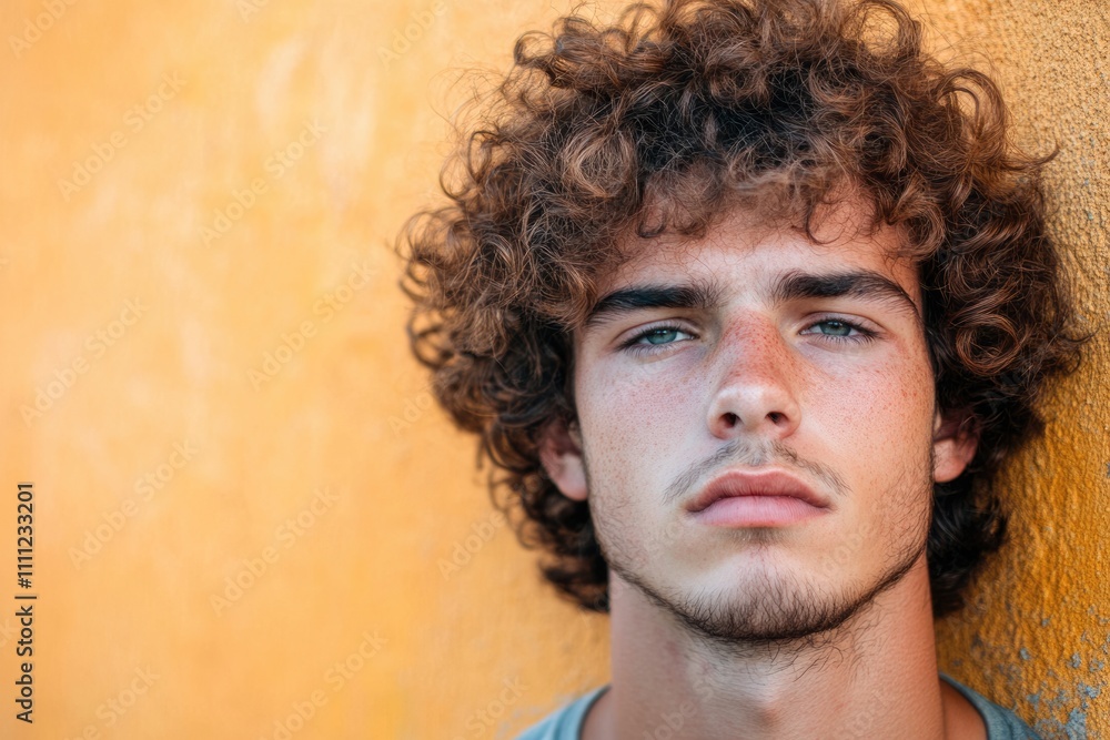 Close-Up Portrait of Distressed Young Man with Curly Locks Against a Textured Wall Close-Up Portrait of Distressed Young Man with Curly Locks Against a Textured Wall
