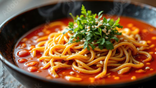 A bowl of spicy Korean ramen, also known as buldak ramyun, with steam rising from it, topped with sesame seeds. photo