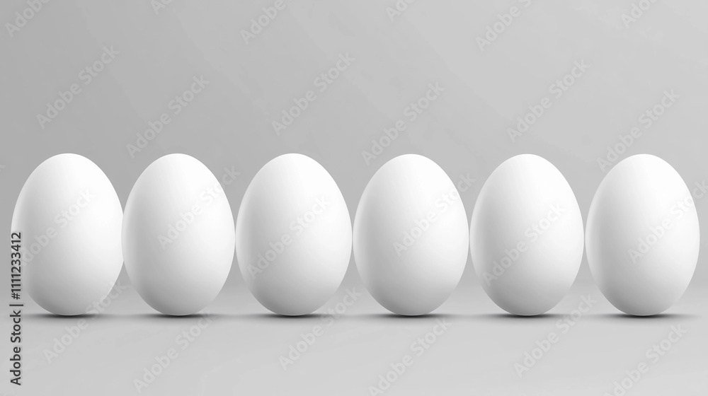 White eggs arranged in a straight line on a clean gray background White eggs arranged in a straight line on a clean gray background