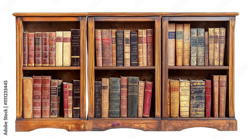 Books lined up on wooden shelves, showing their spines. Concept of knowledge and tradition. For home library inspiration and decoration ideas. Books lined up on wooden shelves, showing their spines. Concept of knowledge and tradition. For home library inspiration and decoration ideas.