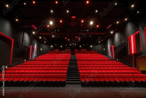 Illuminated Ruby Chairs in a Cinematic Venue - Theatrical Spotlight on Rows of Red Seating