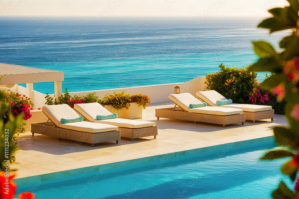 Obraz premium Terrace in villa with sunbeds and swimming pool . AI Generated