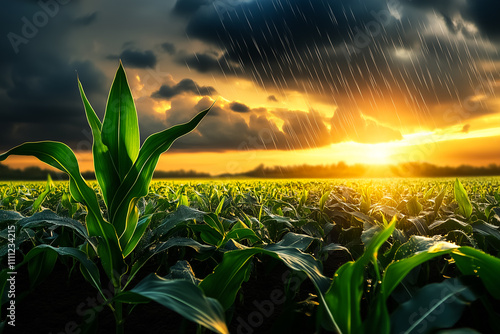 Paisagem de uma plantação de milho jovem sobre uma chuva intensa photo