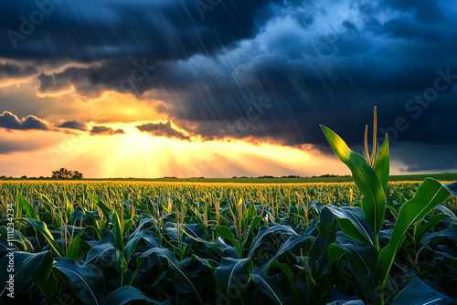 Paisagem de uma plantação de milho jovem sobre uma chuva intensa photo