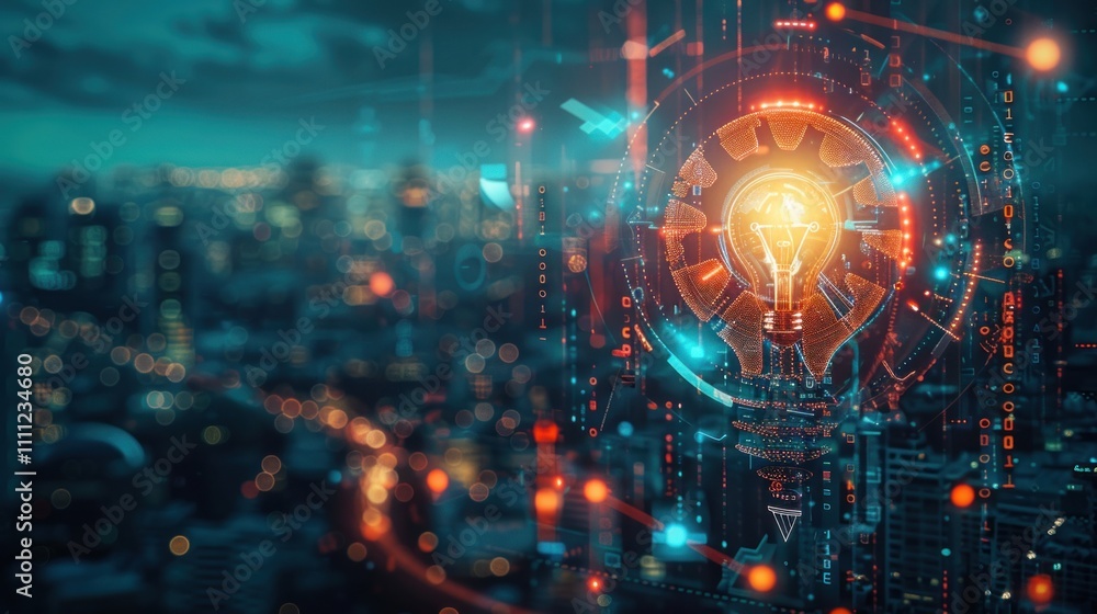 Futuristic digital design featuring a glowing gear and cityscape background. Futuristic digital design featuring a glowing gear and cityscape background.