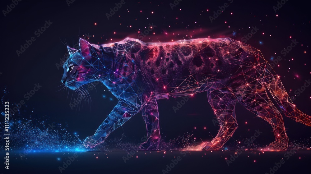 A digital illustration of a cat composed of vibrant geometric patterns and glowing particles. A digital illustration of a cat composed of vibrant geometric patterns and glowing particles.