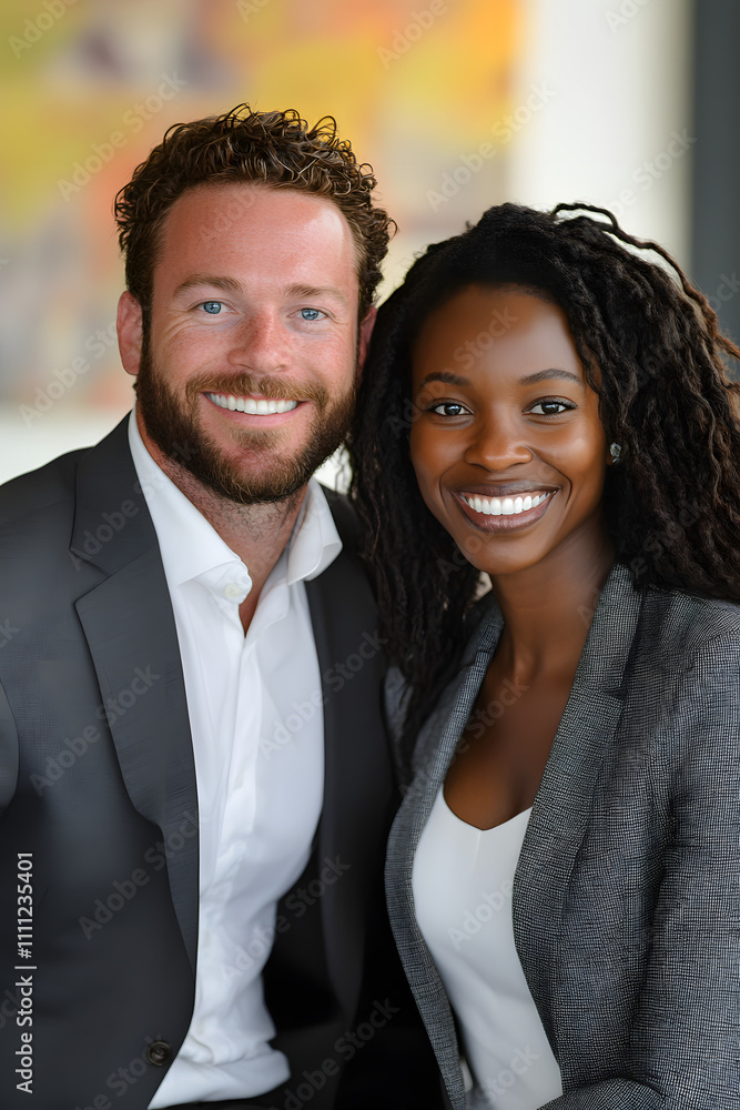 Professional Business Couple Smiling in Modern Office Environment Professional Business Couple Smiling in Modern Office Environment