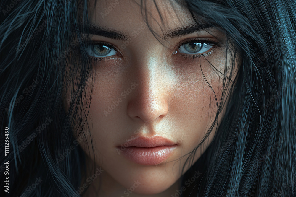 Fototapeta premium A close-up portrait showing a young woman with long black hair and calm expression. The image captures beauty and tranquility.