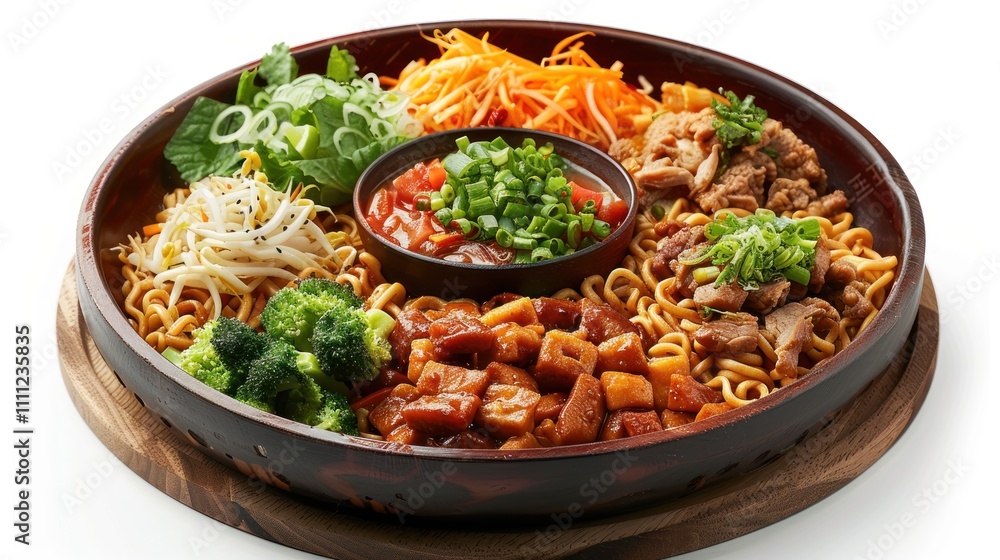 A colorful platter of noodles and various toppings, ideal for sharing and enjoying meals. A colorful platter of noodles and various toppings, ideal for sharing and enjoying meals.