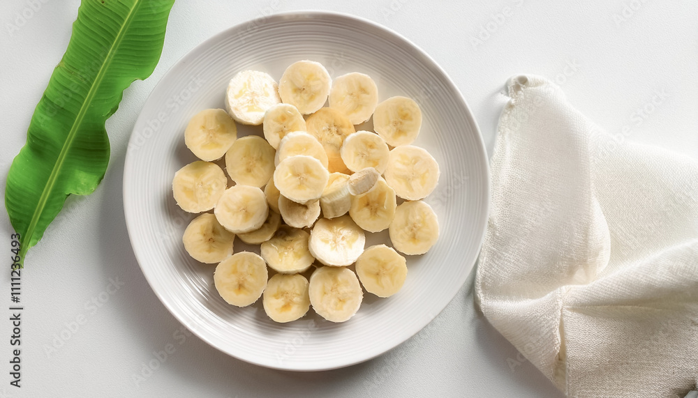 small slices of Banana on a clean white plate on white small slices of Banana on a clean white plate on white
