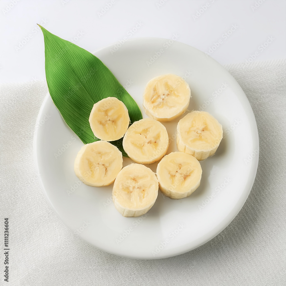 small slices of Banana on a clean white plate on white small slices of Banana on a clean white plate on white