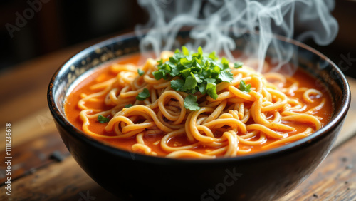 A bowl of delicious, hot buldak ramen with noodles and vegetables on a wooden table, steam rising above it. photo