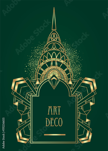 Art Deco vintage gold patterns over dark green, frames and design elements. Retro party geometric background set 1920s style. Vector illustration for glamour party, thematic wedding or textile prints.