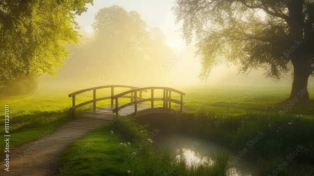 Serene Morning Scene with Wooden Bridge in Misty Landscape Surrounded by Lush Greenery and Gentle Streams, Evoking Tranquility and Peacefulness of Nature Serene Morning Scene with Wooden Bridge in Misty Landscape Surrounded by Lush Greenery and Gentle Streams, Evoking Tranquility and Peacefulness of Nature