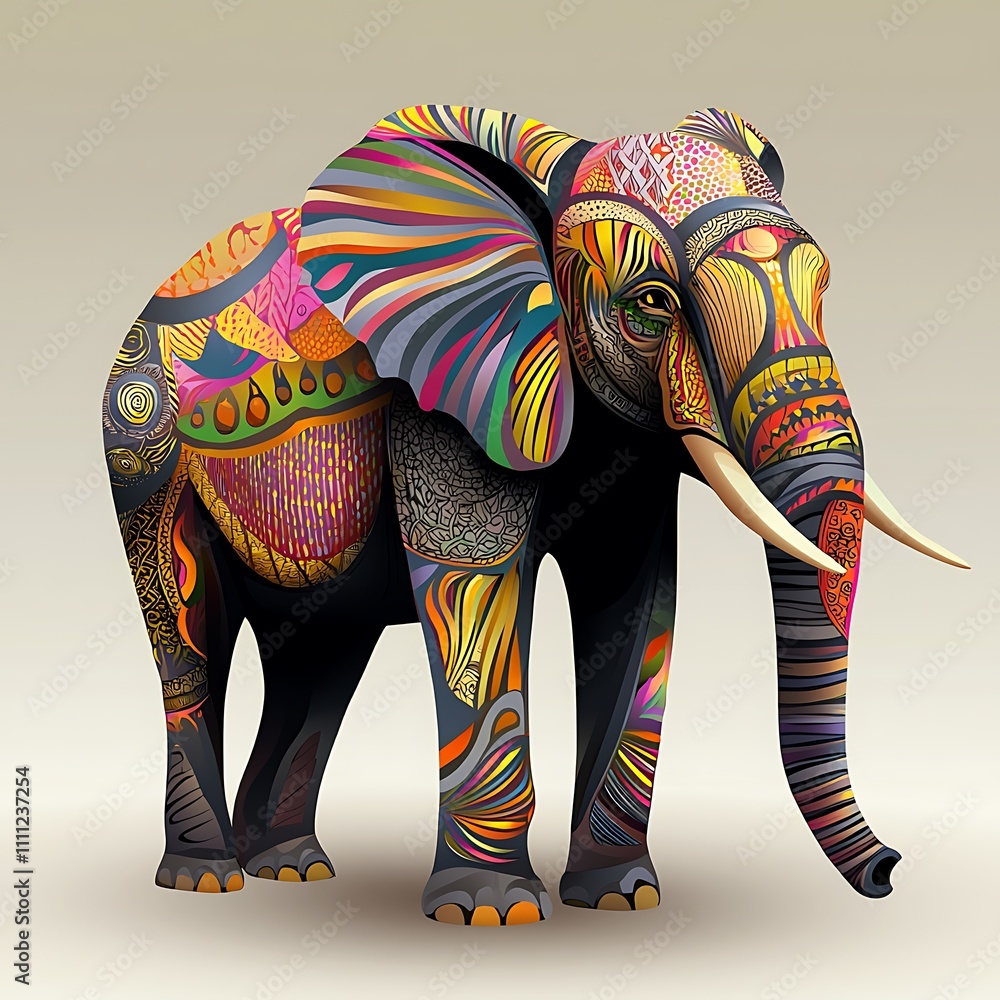 Obraz premium Colorful artistic illustration of an elephant with intricate patterns and vibrant colors.