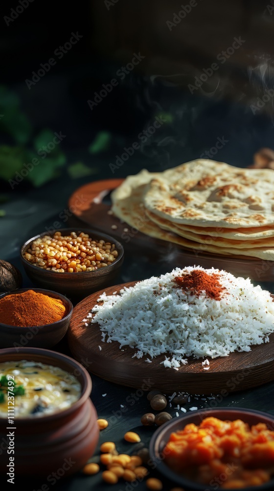 Assorted indian food for lunch or dinner, rice, lentils, paneer, dal makhani, naan, chutney, spices over moody background. selective focus. Assorted indian food for lunch or dinner, rice, lentils, paneer, dal makhani, naan, chutney, spices over moody background. selective focus.