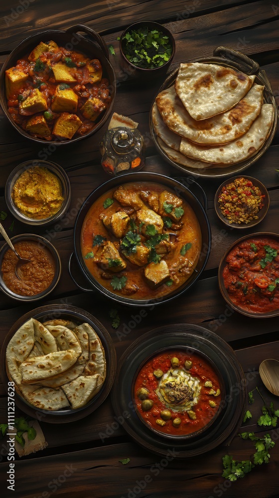 Assorted indian food on wooden background. dishes and appetizers of indian cuisine. group of indian food curry, butter chicken, rice, biryani, paneer, tikka, naan, salad, dessert, chutney and spices. Assorted indian food on wooden background. dishes and appetizers of indian cuisine. group of indian food curry, butter chicken, rice, biryani, paneer, tikka, naan, salad, dessert, chutney and spices.