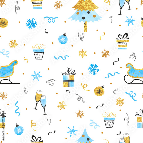 Seamless pattern with Christmas decorations. Vector holiday ornament with San...