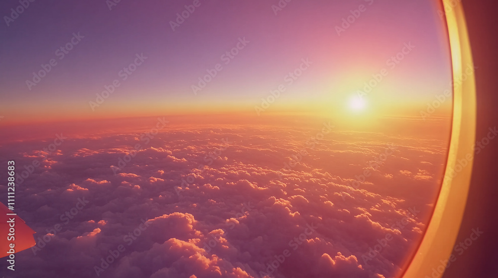 Beautiful sunset viewed from an airplane window high above the clouds during evening travels Beautiful sunset viewed from an airplane window high above the clouds during evening travels