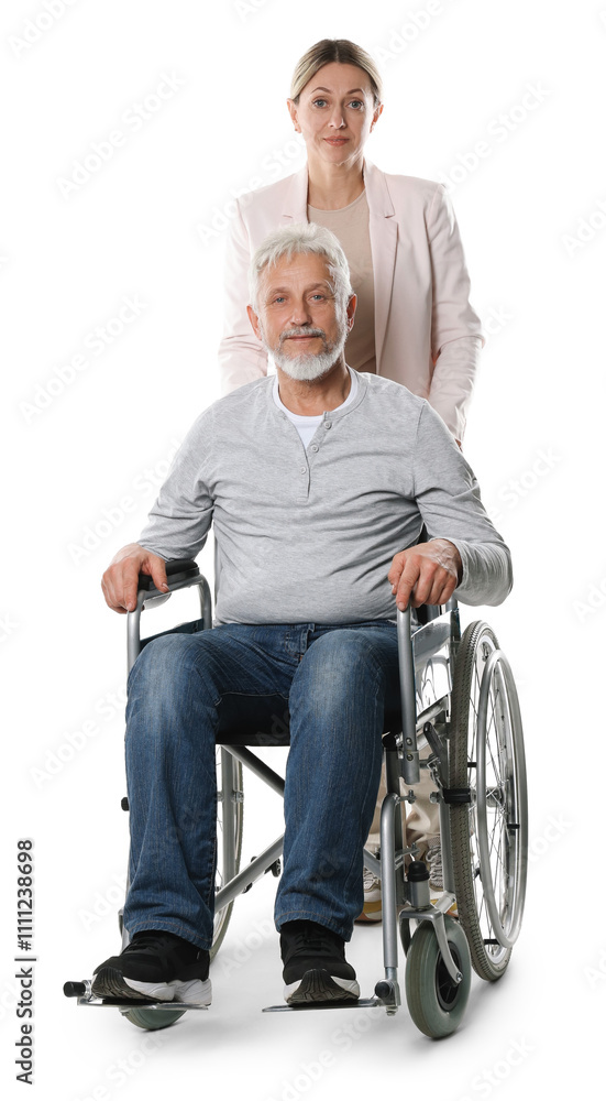 Obraz premium Woman with senior man in wheelchair on white background