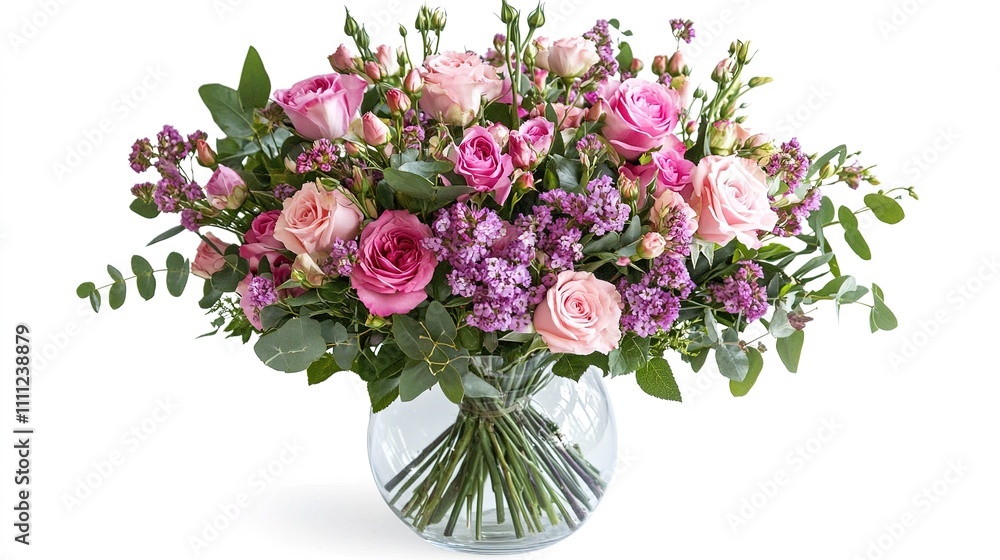 Bunch of pink flowers in rich glass vase and lilac eustoma roses, green leaves. Fresh spring bouquet on white background Bunch of pink flowers in rich glass vase and lilac eustoma roses, green leaves. Fresh spring bouquet on white background