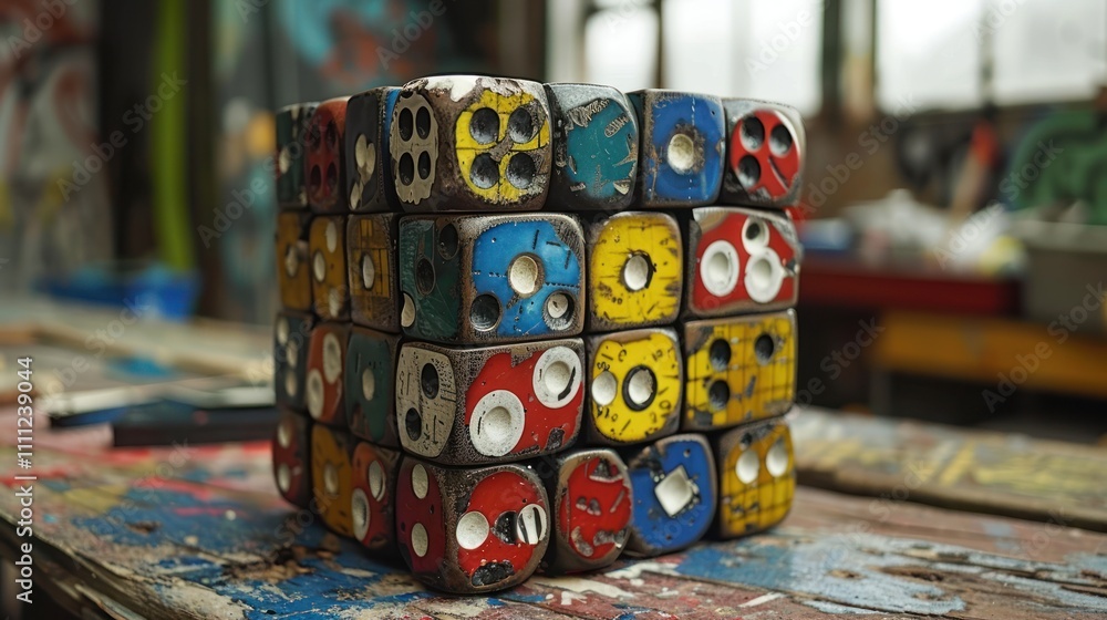 Fototapeta premium A colorful cube made of painted blocks arranged in a playful pattern.