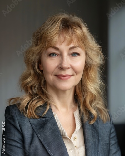 Portrait of a smiling mature european businesswoman in a modern coworking office environment